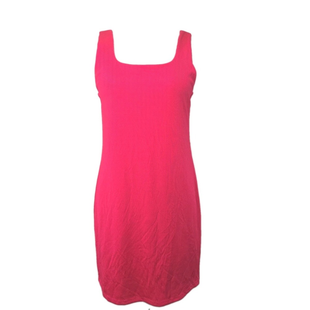 A New Day Medium Hot Pink Ribbed Stretch Tank Dress‎ Double Layered NWOT